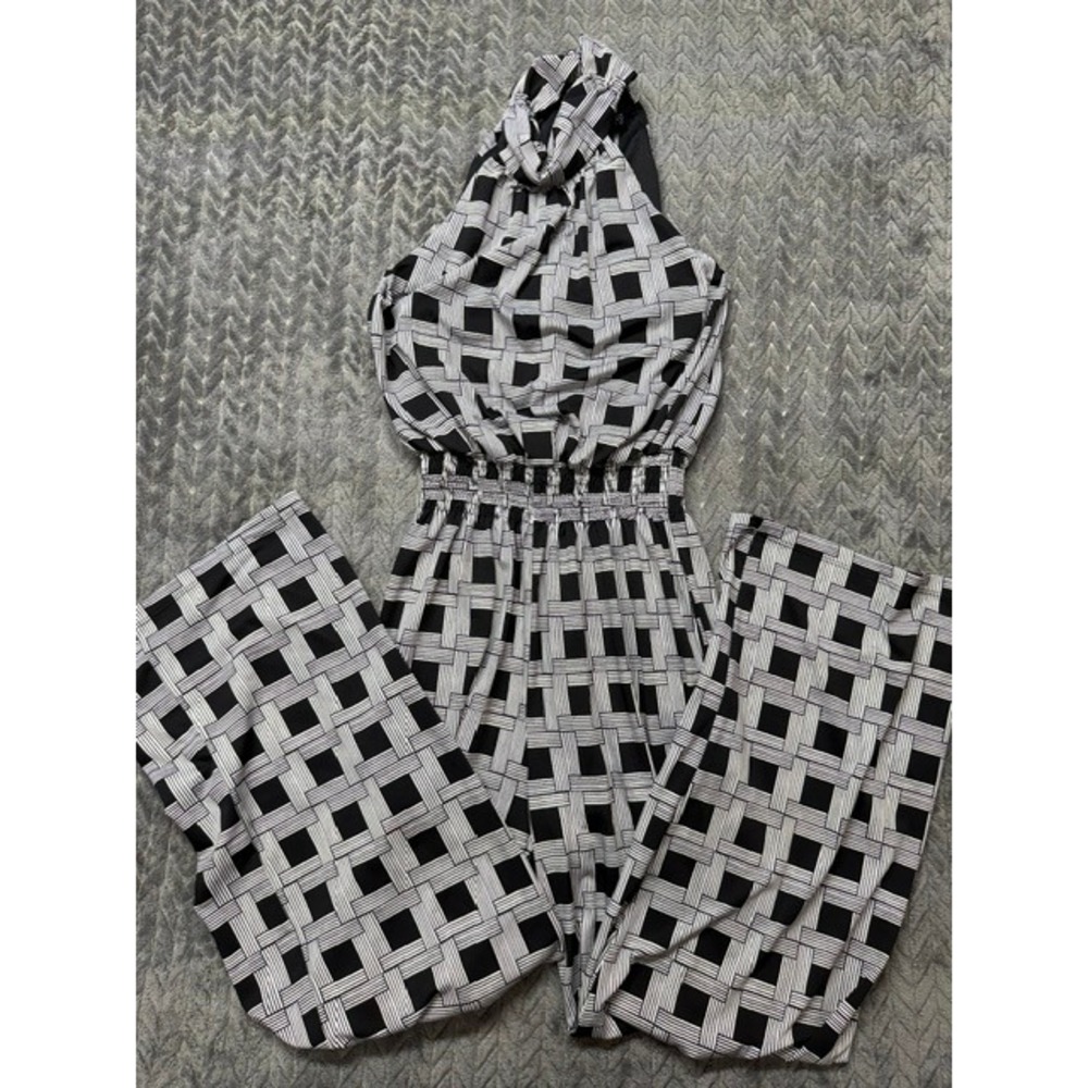Enfocus Studio Halter Jumpsuit Geometric Wide Leg Smocked Waist 8 0640